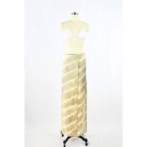 INDAH Tan Beige Tie Dye 100% Silk Satin Wrap Front Maxi Slip Skirt, Size S